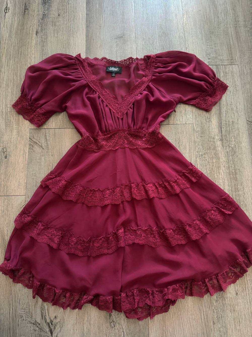 Dolls Kill Widow Wine Burgundy Lace-Trim Tiered Mini Dress